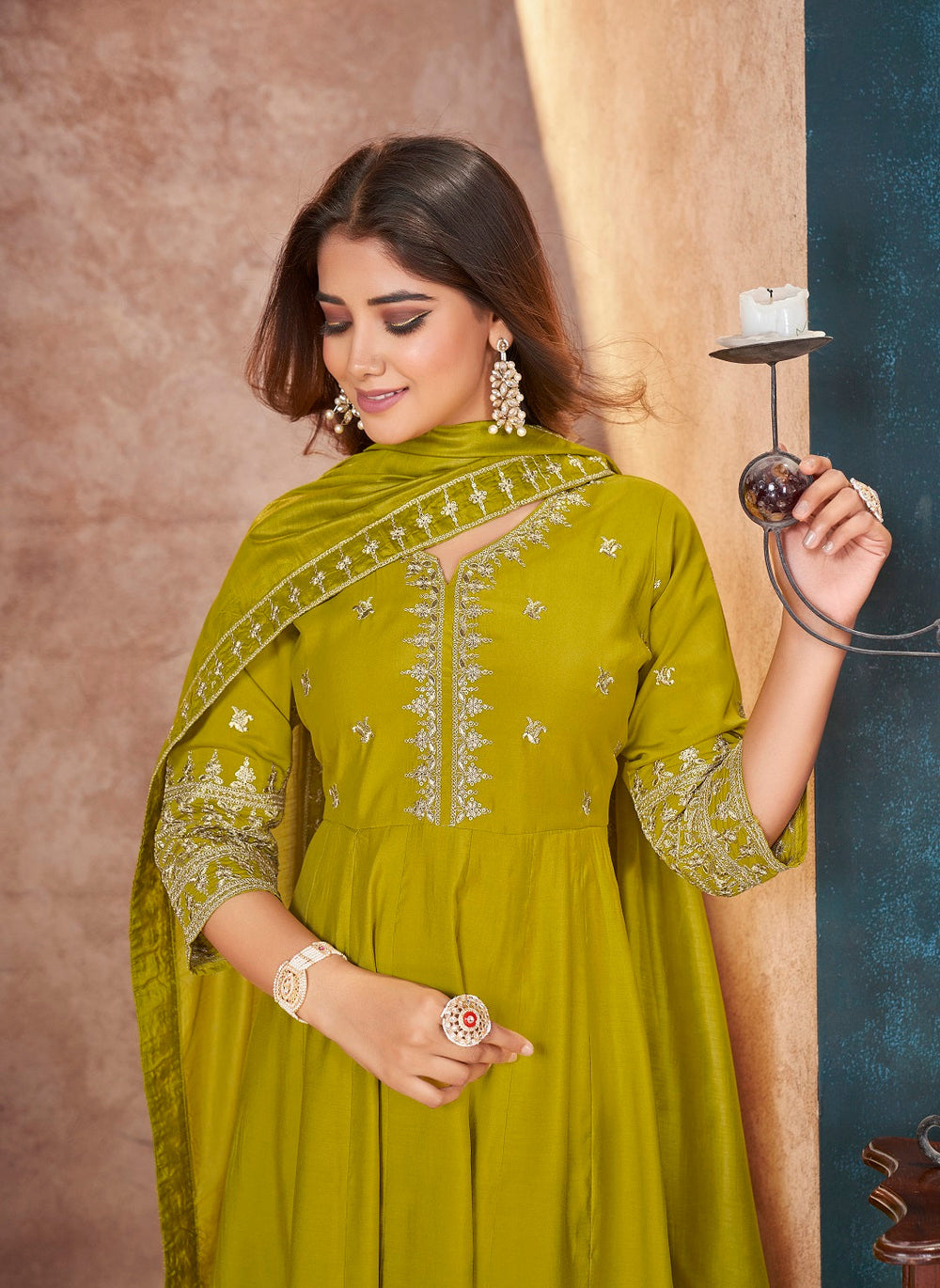 Lime-Green-Silk-Solid-&-Embroidered-3-Piece-Anarkali-Set