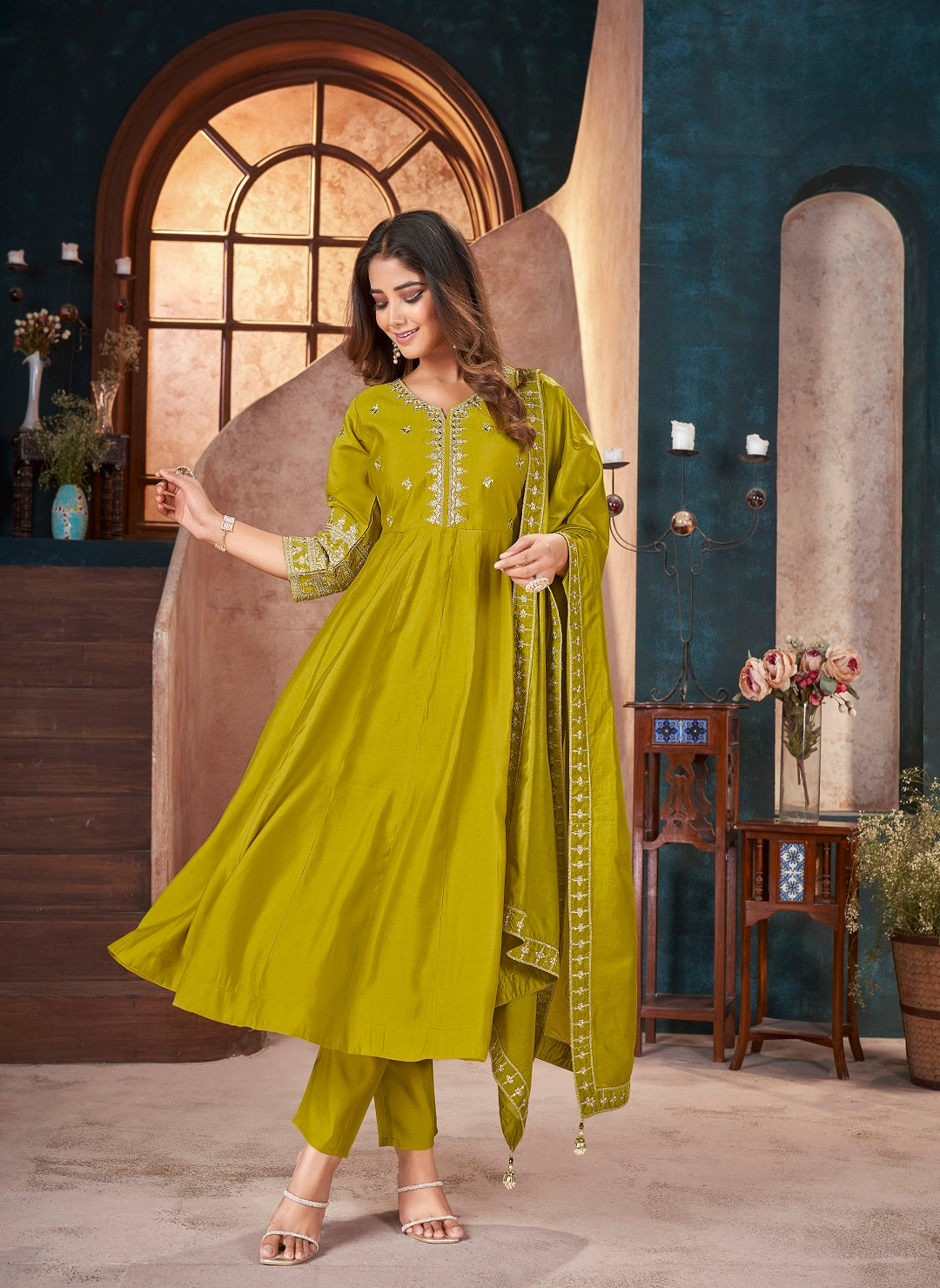 Lime-Green-Silk-Solid-&-Embroidered-3-Piece-Anarkali-Set