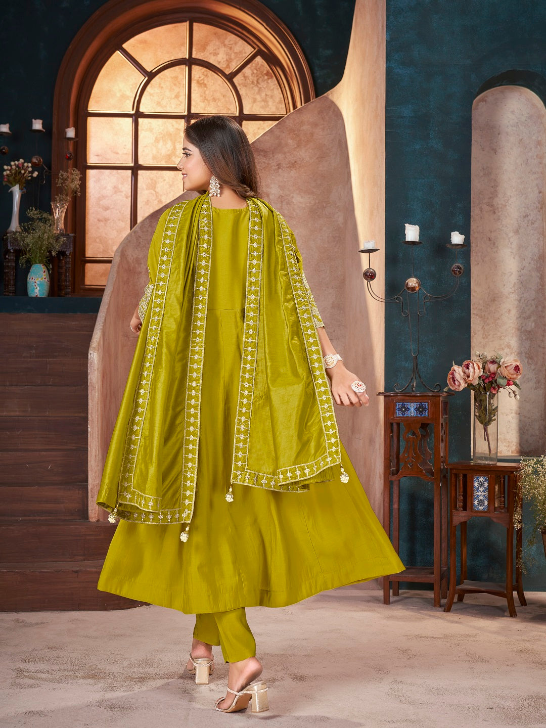 Lime-Green-Silk-Solid-&-Embroidered-3-Piece-Anarkali-Set