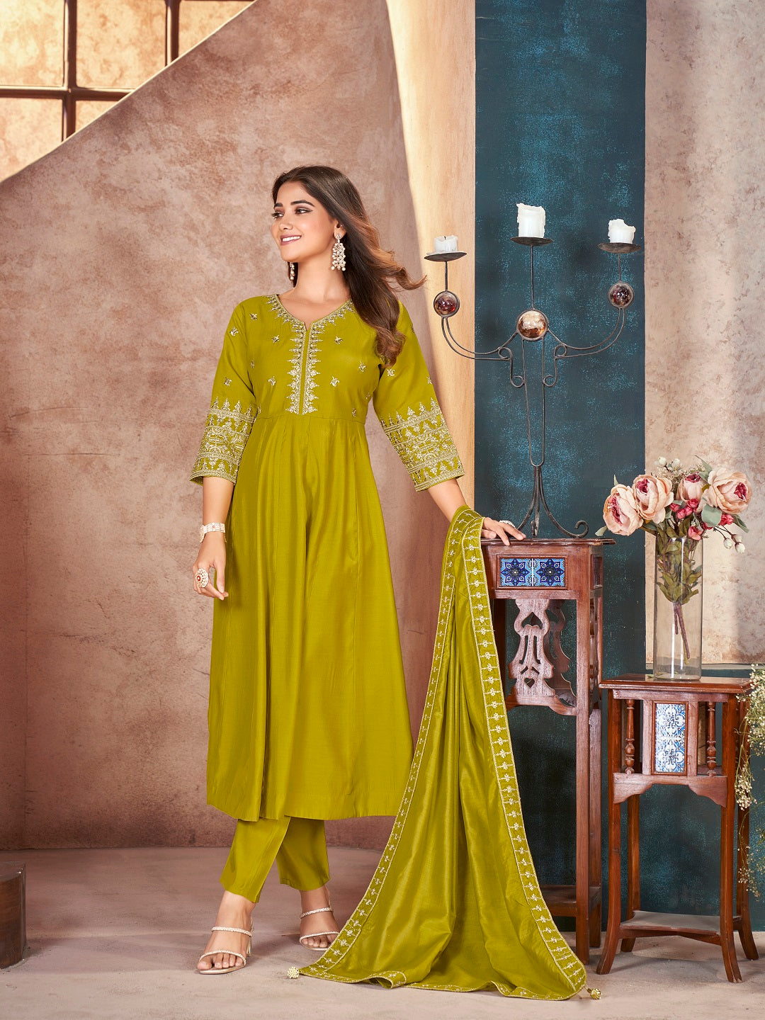 Lime-Green-Silk-Solid-&-Embroidered-3-Piece-Anarkali-Set