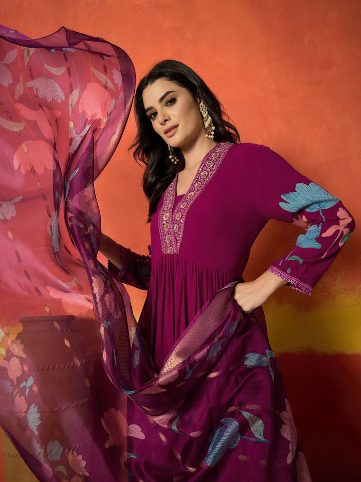 Magenta Floral Printed & Embroidered Rayon Anarkali Kurta Pant Dupatta Set