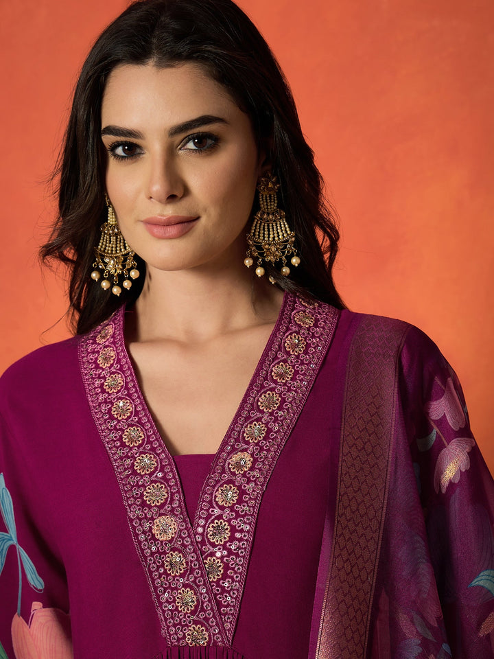 Magenta Floral Printed & Embroidered Rayon Anarkali Kurta Pant Dupatta Set