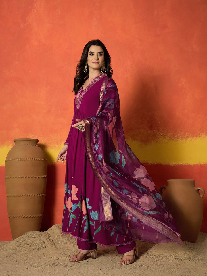 Magenta Floral Printed & Embroidered Rayon Anarkali Kurta Pant Dupatta Set