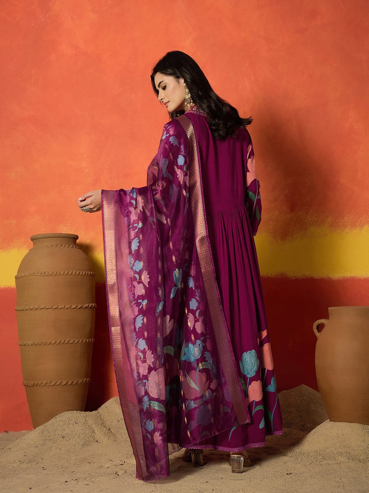 Magenta Floral Printed & Embroidered Rayon Anarkali Kurta Pant Dupatta Set
