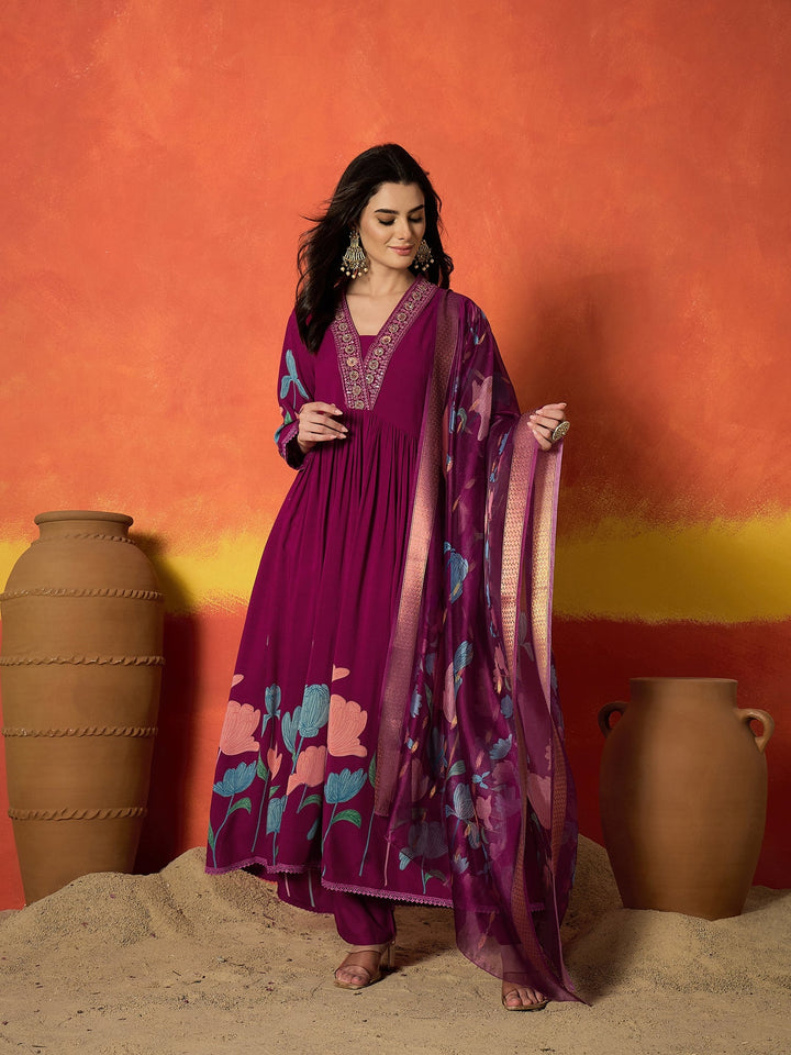 Magenta Floral Printed & Embroidered Rayon Anarkali Kurta Pant Dupatta Set