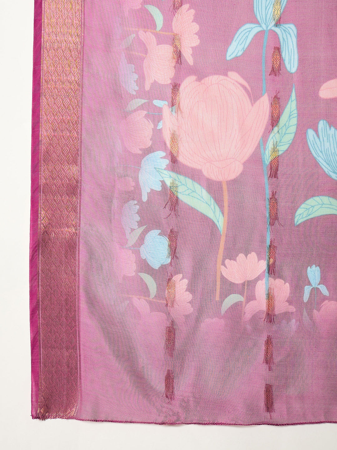 Magenta Floral Printed & Embroidered Rayon Anarkali Kurta Pant Dupatta Set
