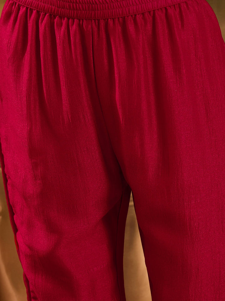 Magenta Solid & Embroidered Silk Blend A-Line Kurta Pant Dupatta Set
