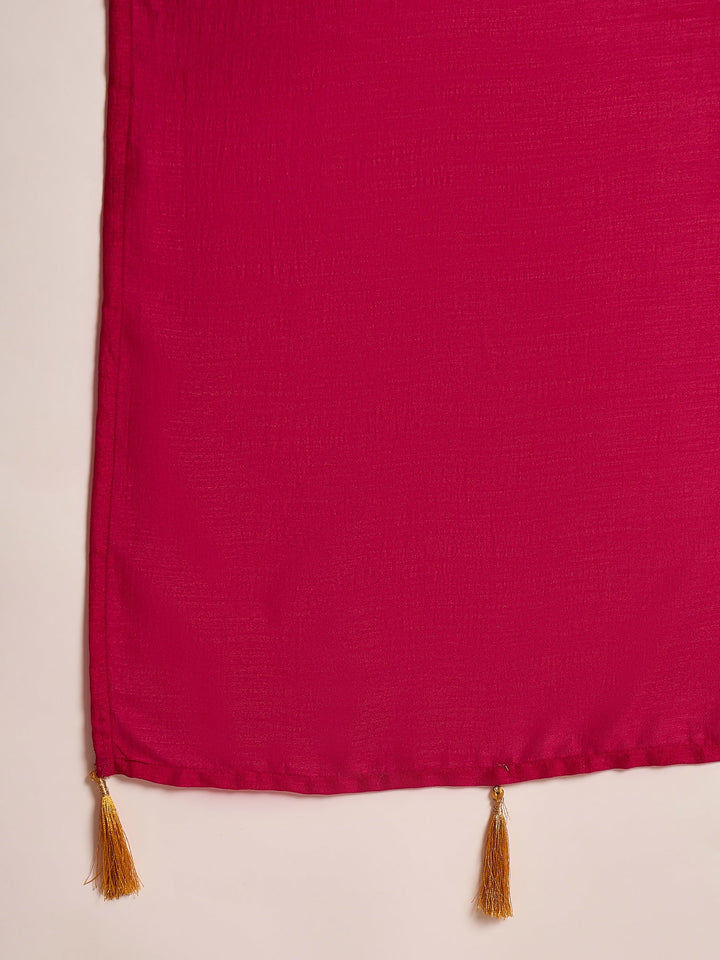 Magenta Solid & Embroidered Silk Blend A-Line Kurta Pant Dupatta Set