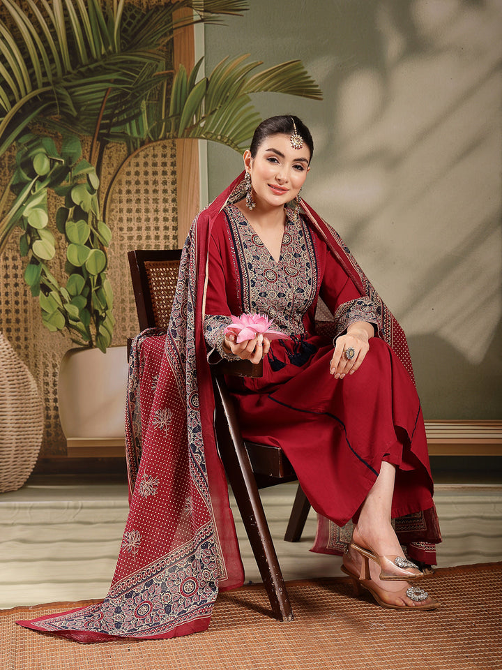 Maroon Ajrakh Printed Cotton A-Line Kurta Pant Dupatta Set