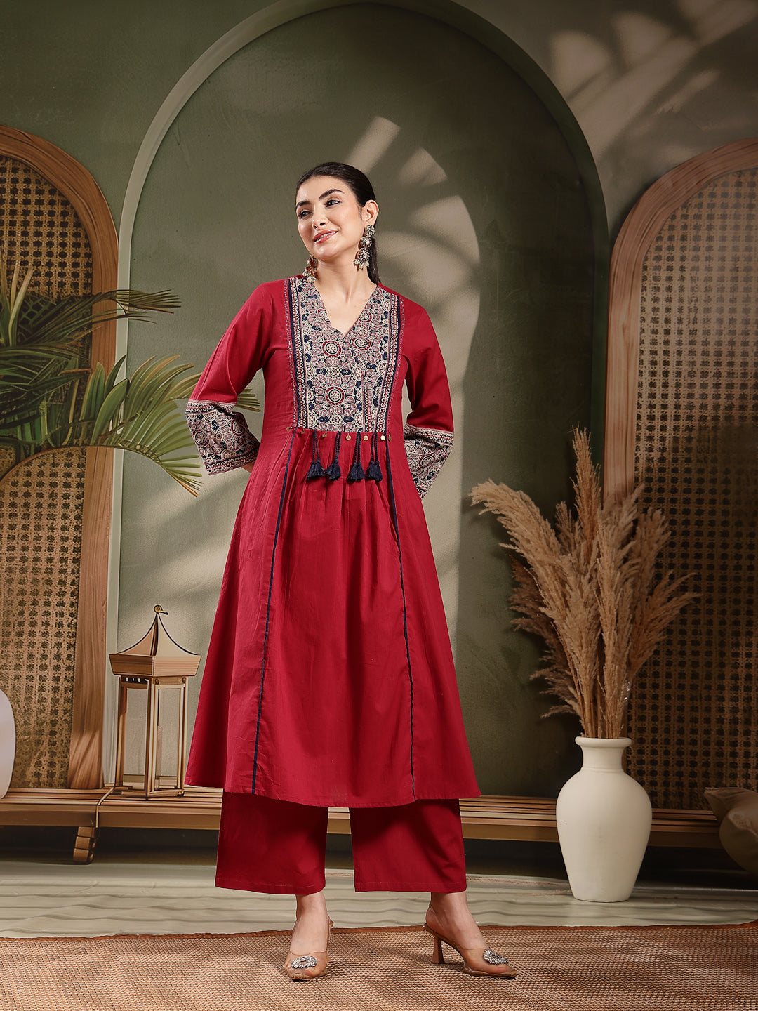 Maroon Ajrakh Printed Cotton A-Line Kurta Pant Dupatta Set