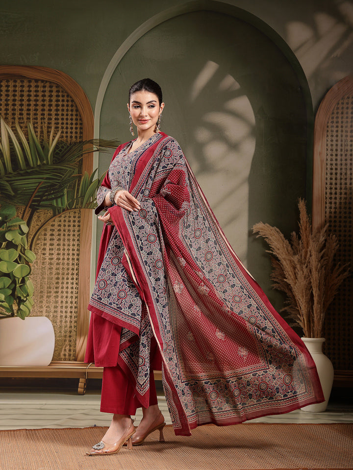 Maroon Ajrakh Printed Cotton A-Line Kurta Pant Dupatta Set