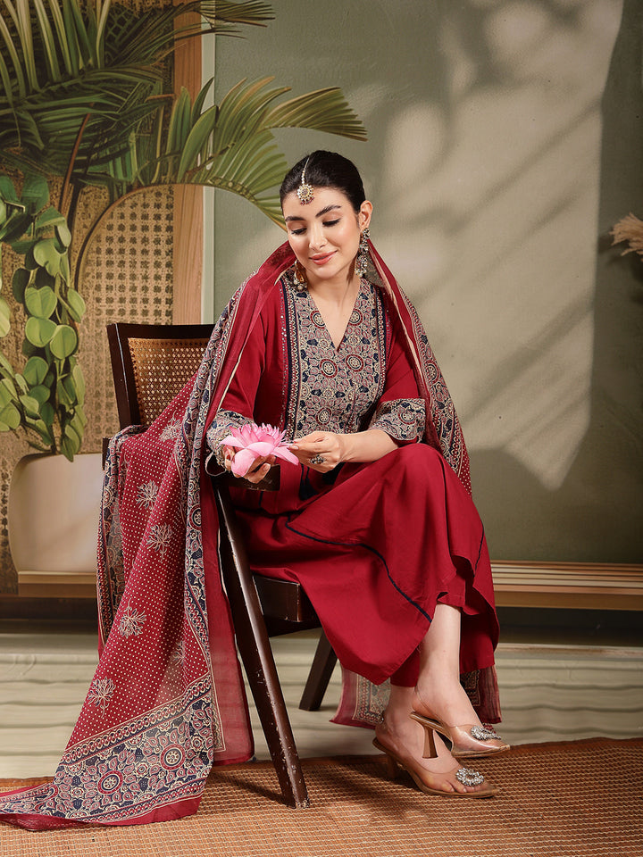 Maroon Ajrakh Printed Cotton A-Line Kurta Pant Dupatta Set