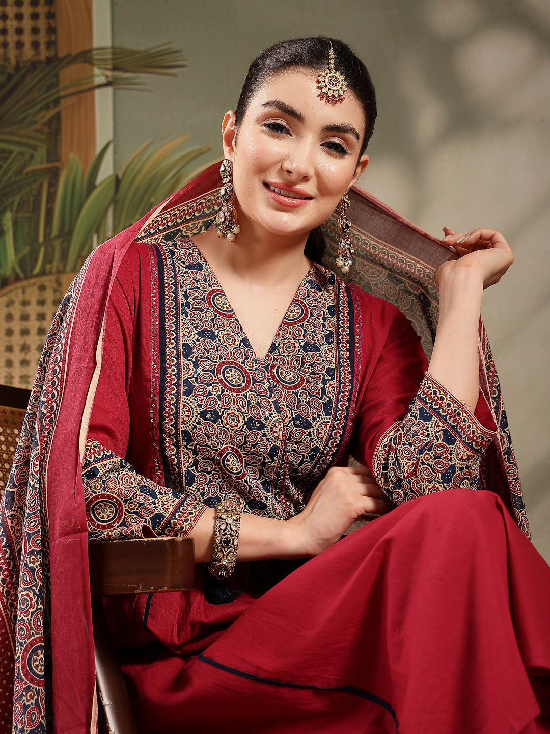 Maroon Ajrakh Printed Cotton A-Line Kurta Pant Dupatta Set