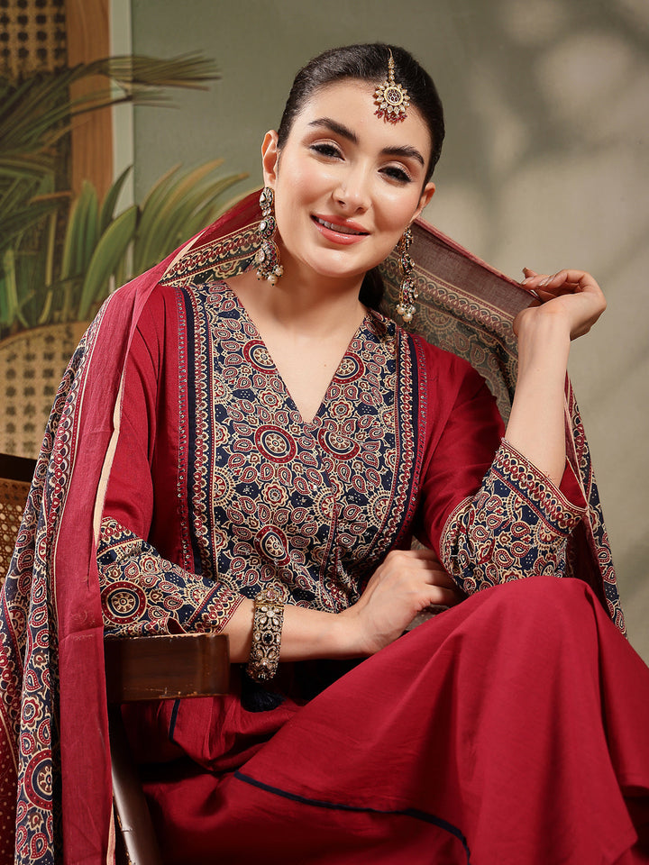 Maroon Ajrakh Printed Cotton A-Line Kurta Pant Dupatta Set