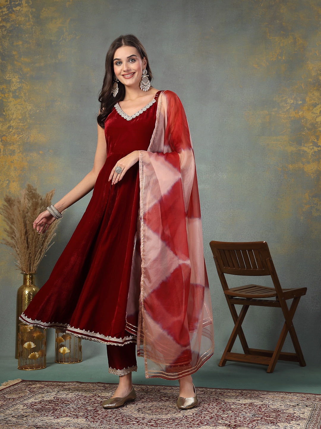 Maroon-Velvet-Solid-&-Embroidered-3-Piece-Anarkali-Set