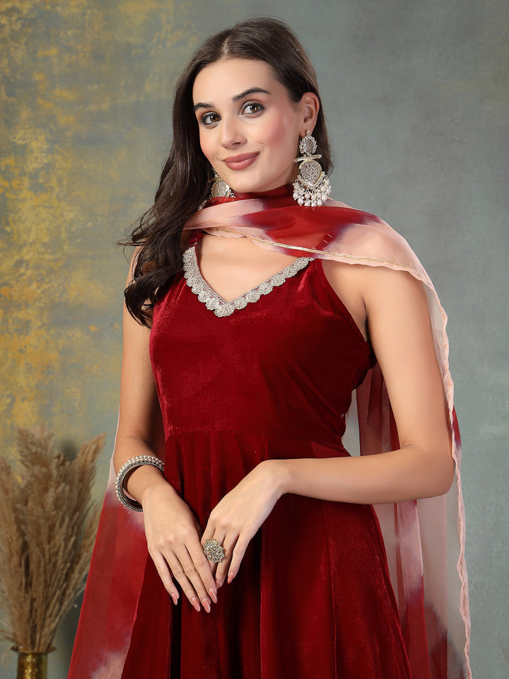 Maroon-Velvet-Solid-&-Embroidered-3-Piece-Anarkali-Set