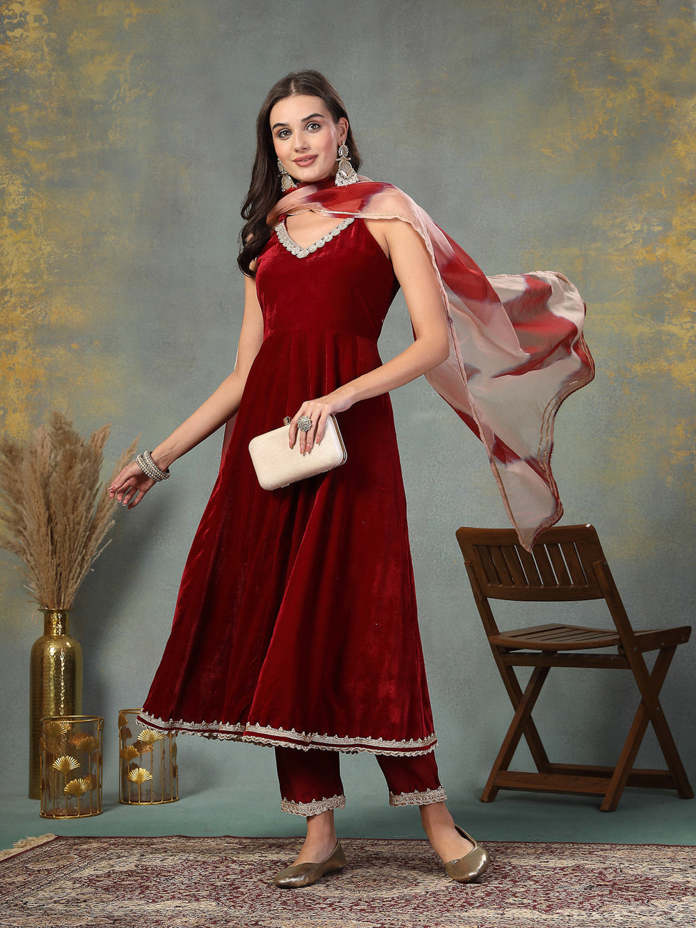 Maroon-Velvet-Solid-&-Embroidered-3-Piece-Anarkali-Set