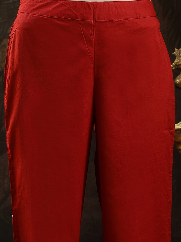 Maroon Floral Printed Cotton Flared Kurta Pant Dupatta Set