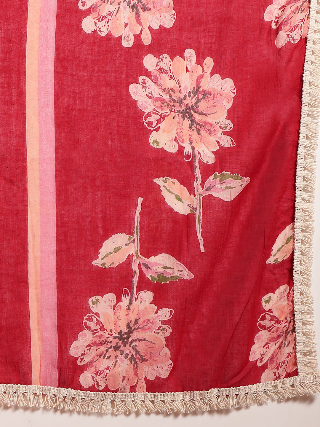 Maroon Floral Printed Cotton Flared Kurta Pant Dupatta Set