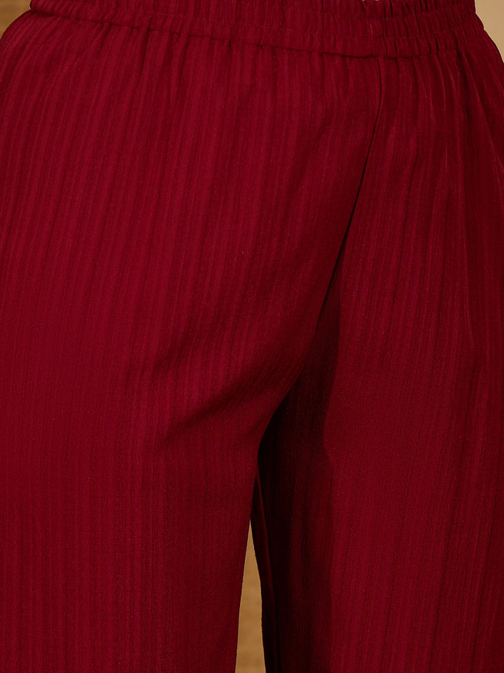 Women's Maroon Solid & Embroidered Crepe A-Line Kurta Pant Dupatta Set