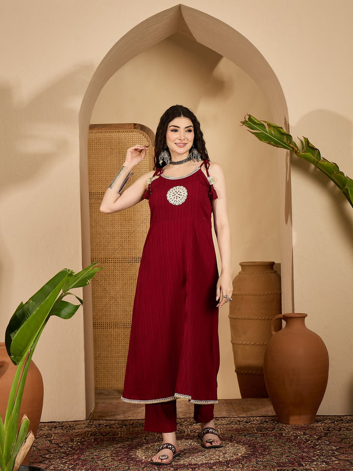 Women's Maroon Solid & Embroidered Crepe A-Line Kurta Pant Dupatta Set