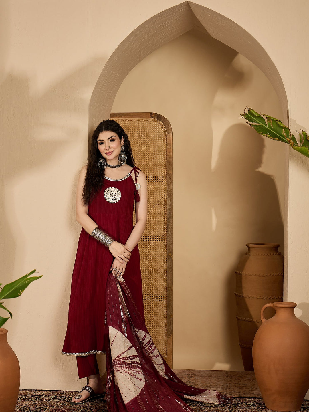 Women's Maroon Solid & Embroidered Crepe A-Line Kurta Pant Dupatta Set