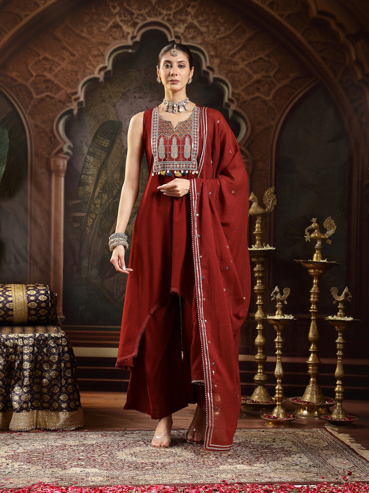 Maroon Solid & Embroidered Rayon Asymmetric Kurta Palazzo With Dupatta