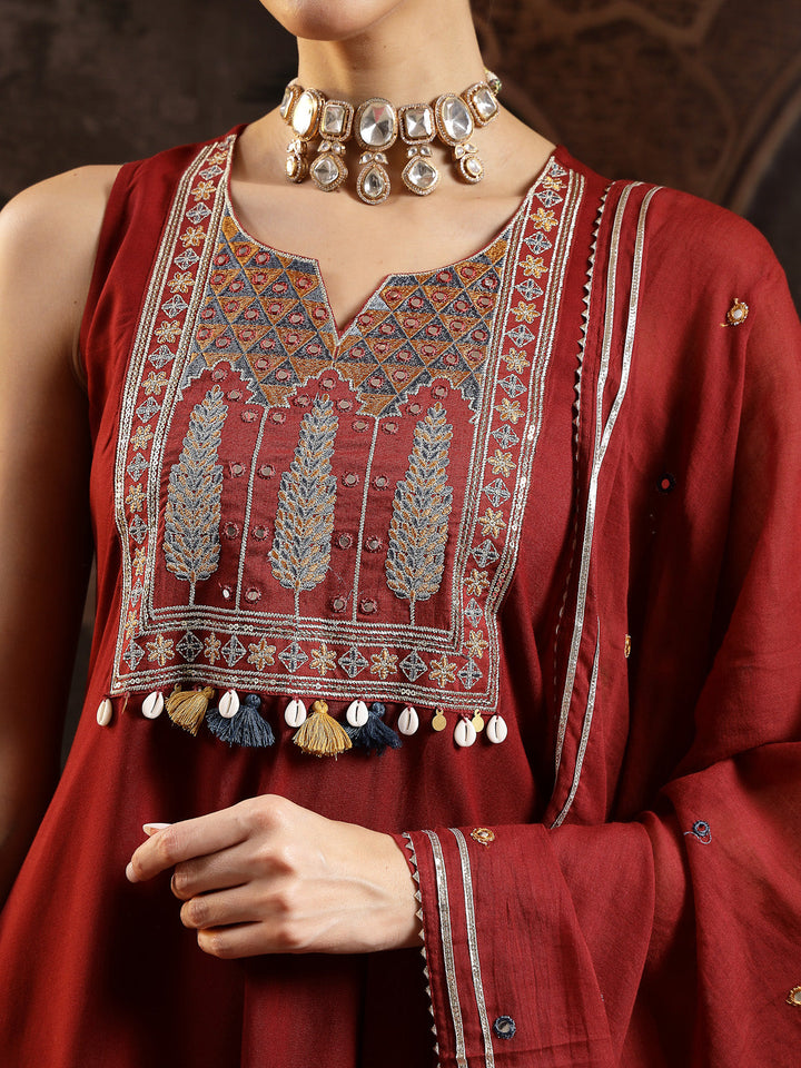 Maroon Solid & Embroidered Rayon Asymmetric Kurta Palazzo With Dupatta