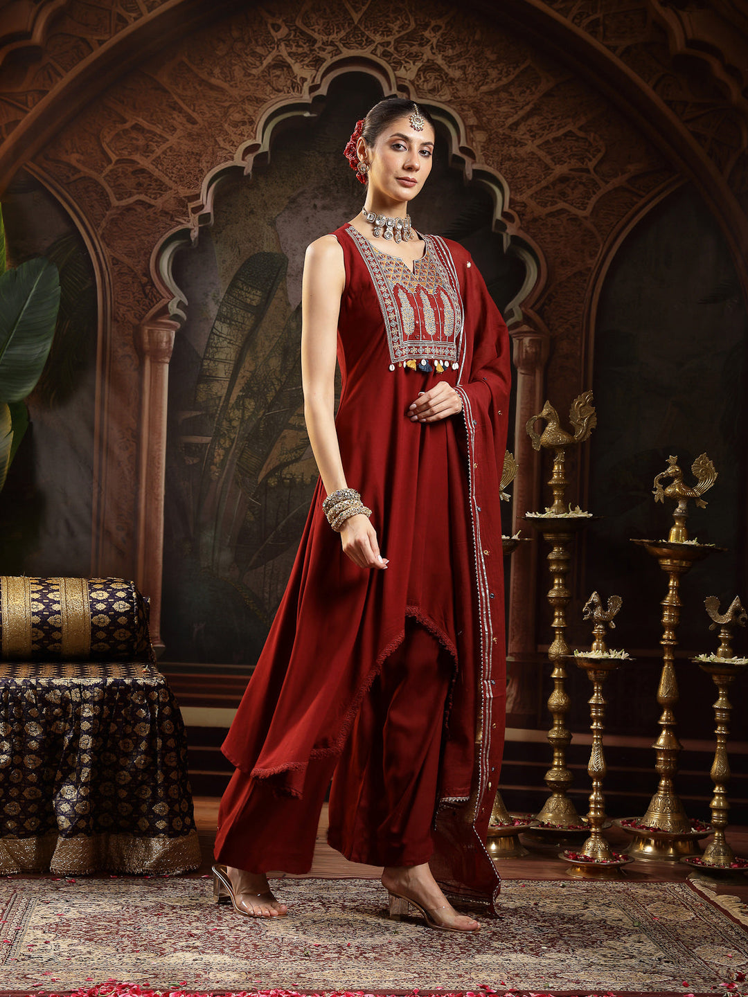Maroon Solid & Embroidered Rayon Asymmetric Kurta Palazzo With Dupatta