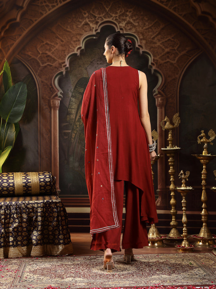 Maroon Solid & Embroidered Rayon Asymmetric Kurta Palazzo With Dupatta