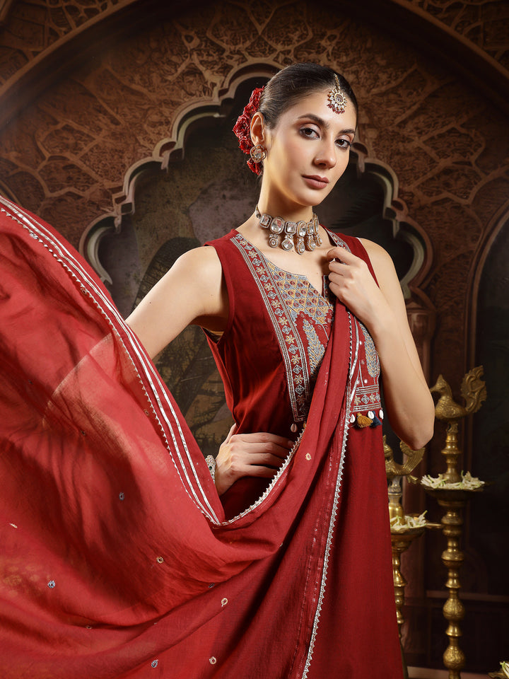 Maroon Solid & Embroidered Rayon Asymmetric Kurta Palazzo With Dupatta