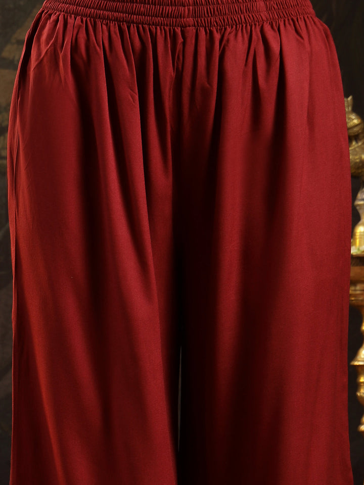 Maroon Solid & Embroidered Rayon Asymmetric Kurta Palazzo With Dupatta