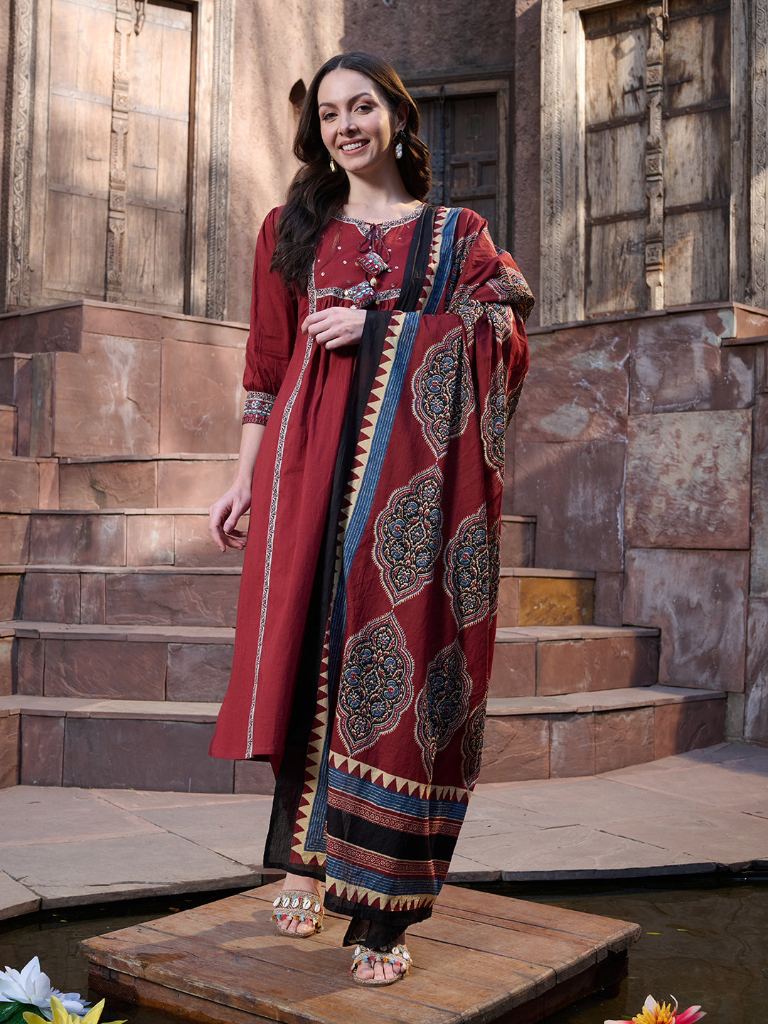 Maroon-Cotton-Solid-3-Piece-Kurta-Set