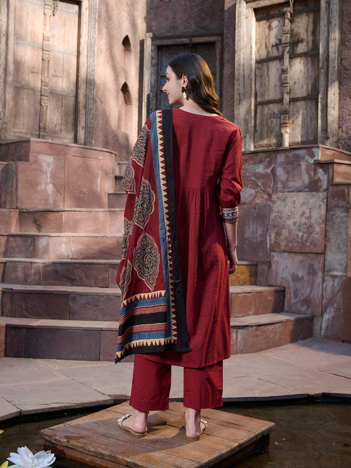 Maroon-Cotton-Solid-3-Piece-Kurta-Set