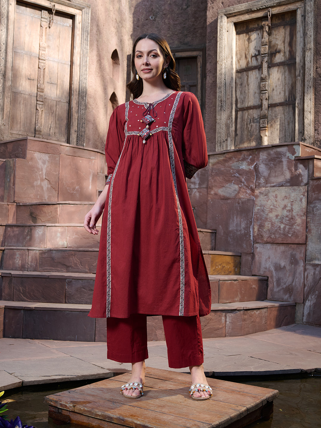 Maroon Solid Cotton Kurta Pant Dupatta Set
