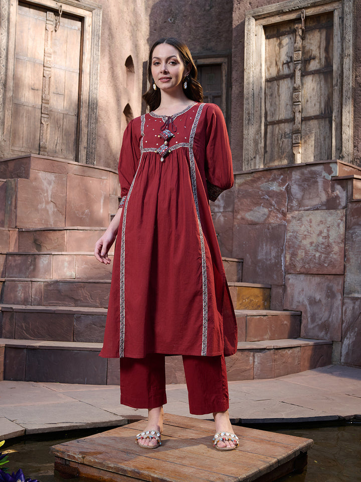Maroon Solid Cotton Kurta Pant Dupatta Set