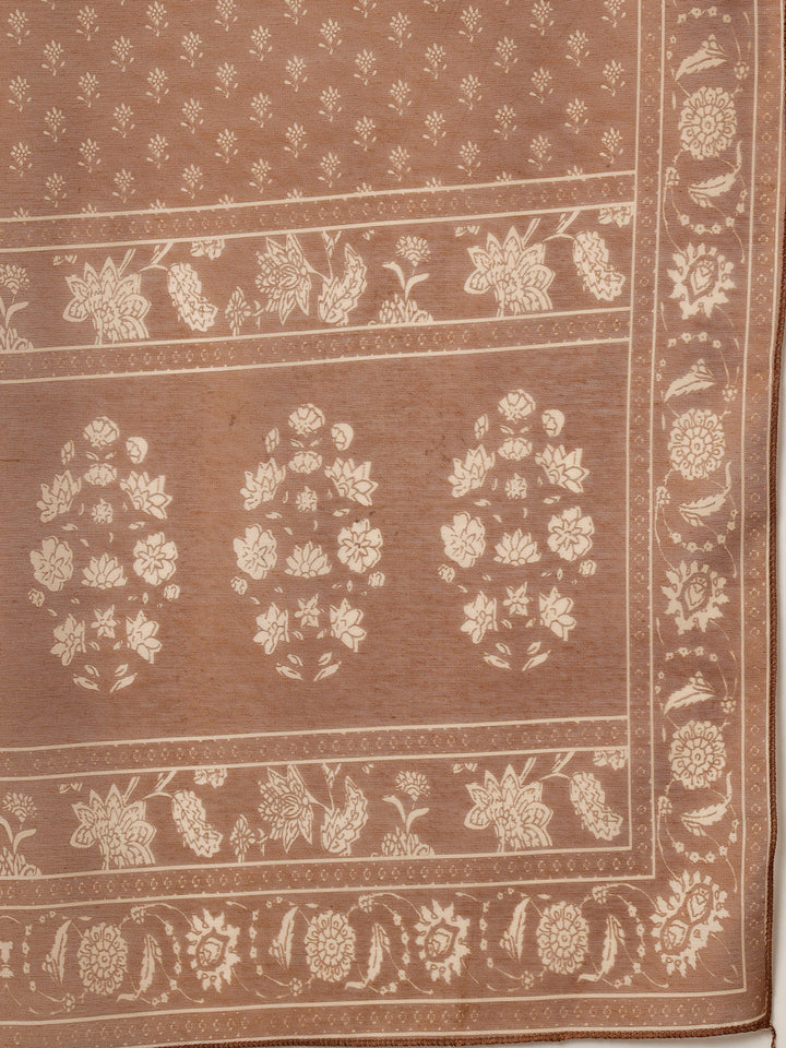 Brown Floral Buta Printed Rayon A-Line Kurta Pant Dupatta Set