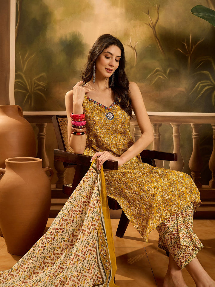 Mustard Ethnic Motif Printed Cotton Straight Kurta Palazzo Dupatta Set