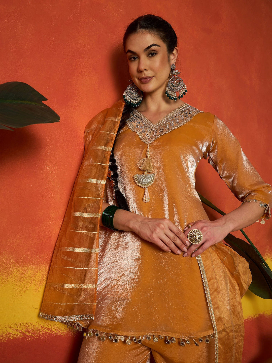 Mustard Solid & Embroidered Silk A-Line Short Kurti Palazzo With Dupatta