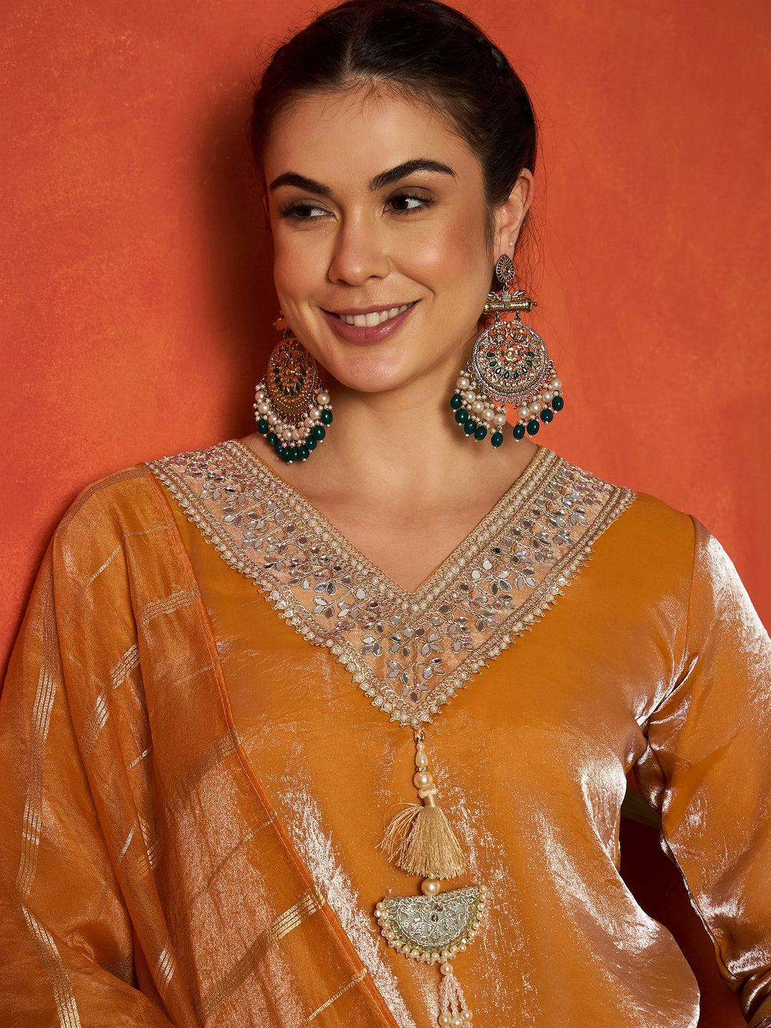 Mustard Solid & Embroidered Silk A-Line Short Kurti Palazzo With Dupatta