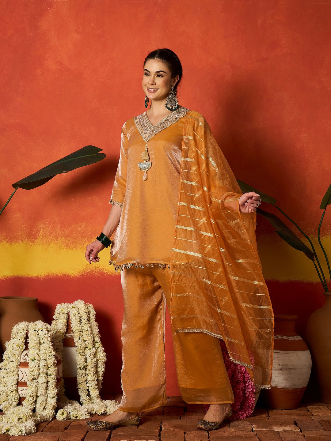 Mustard Solid & Embroidered Silk A-Line Short Kurti Palazzo With Dupatta