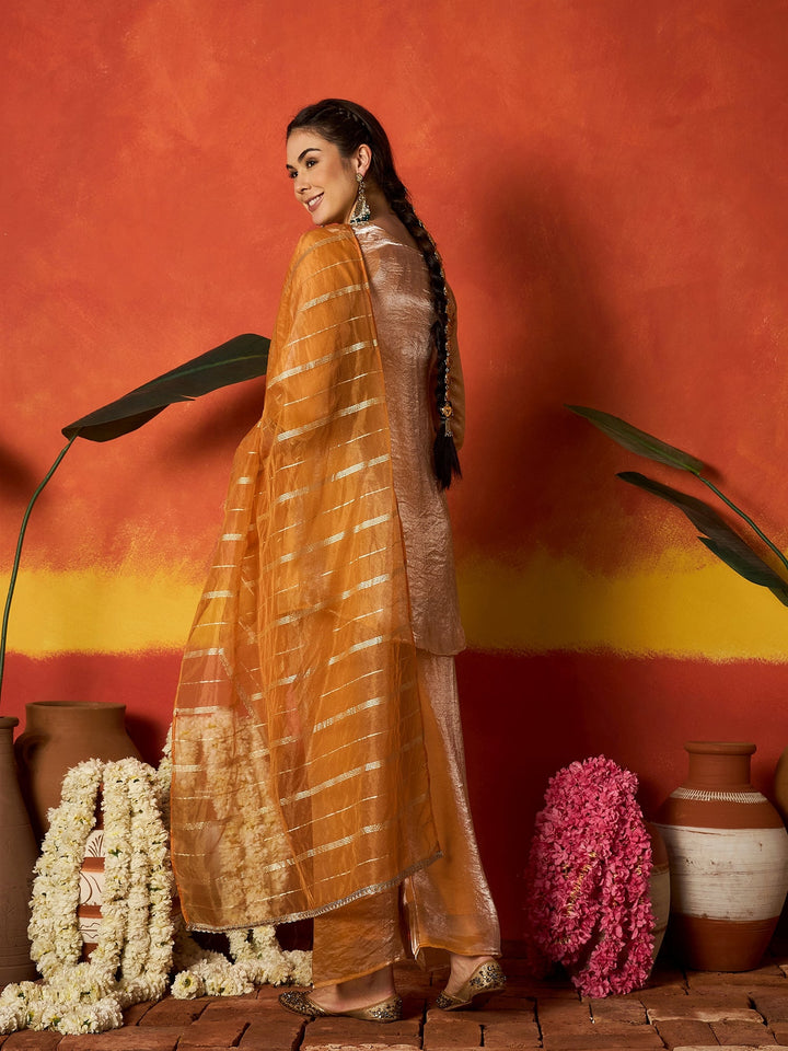 Mustard Solid & Embroidered Silk A-Line Short Kurti Palazzo With Dupatta