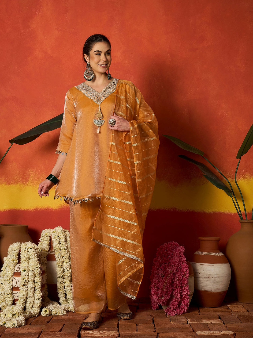 Mustard Solid & Embroidered Silk A-Line Short Kurti Palazzo With Dupatta
