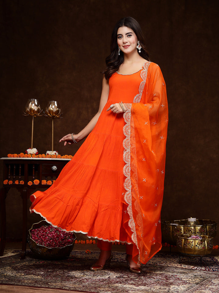 Orange-Rayon-Solid-Tiered-3-Piece-Kurta-Set