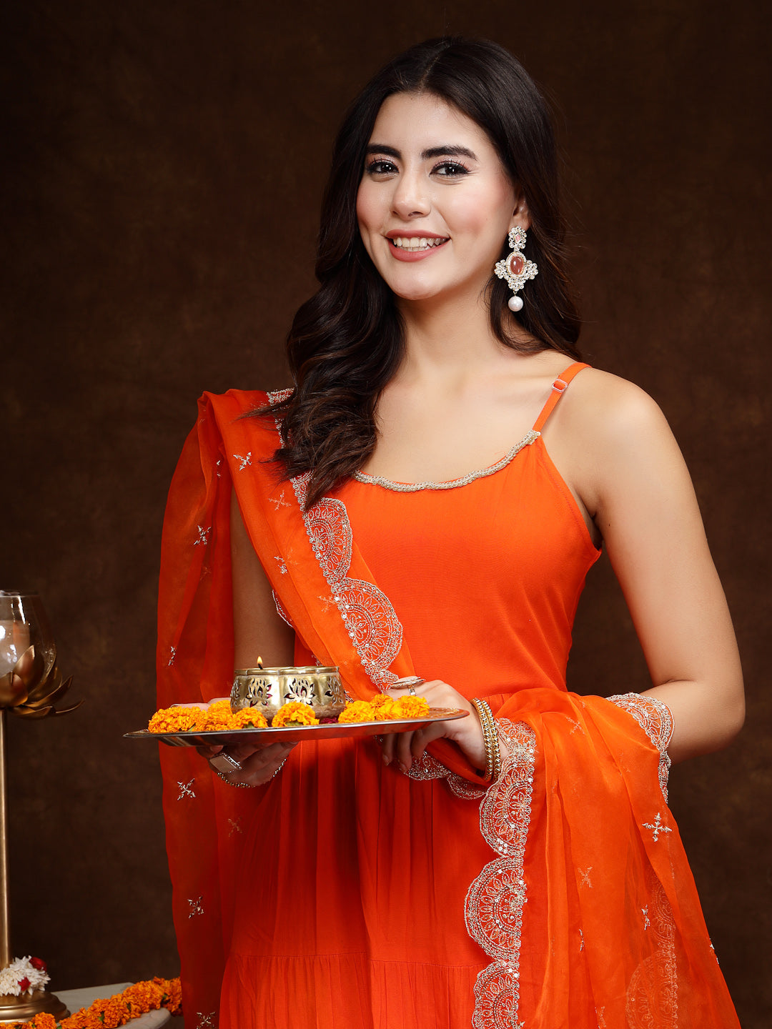 Orange-Rayon-Solid-Tiered-3-Piece-Kurta-Set