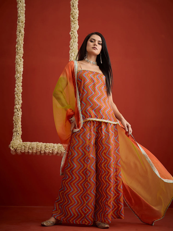 Orange Chevron Printed Rayon Sleeveless Straight Short Kurti Palazzo Dupatta Set