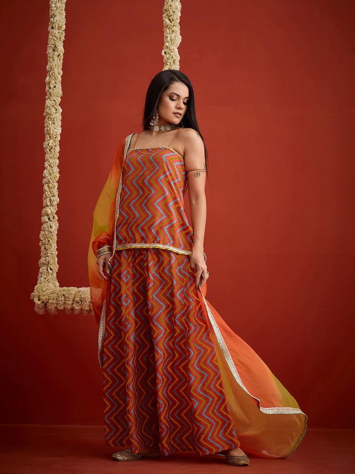 Orange Chevron Printed Rayon Sleeveless Straight Short Kurti Palazzo Dupatta Set