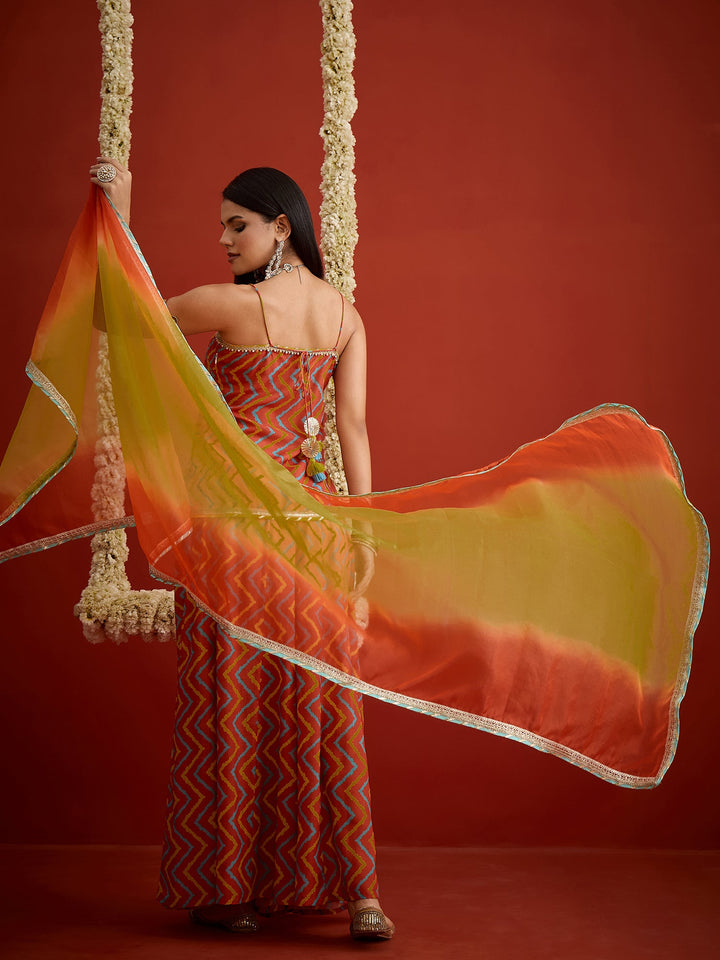 Orange Chevron Printed Rayon Sleeveless Straight Short Kurti Palazzo Dupatta Set
