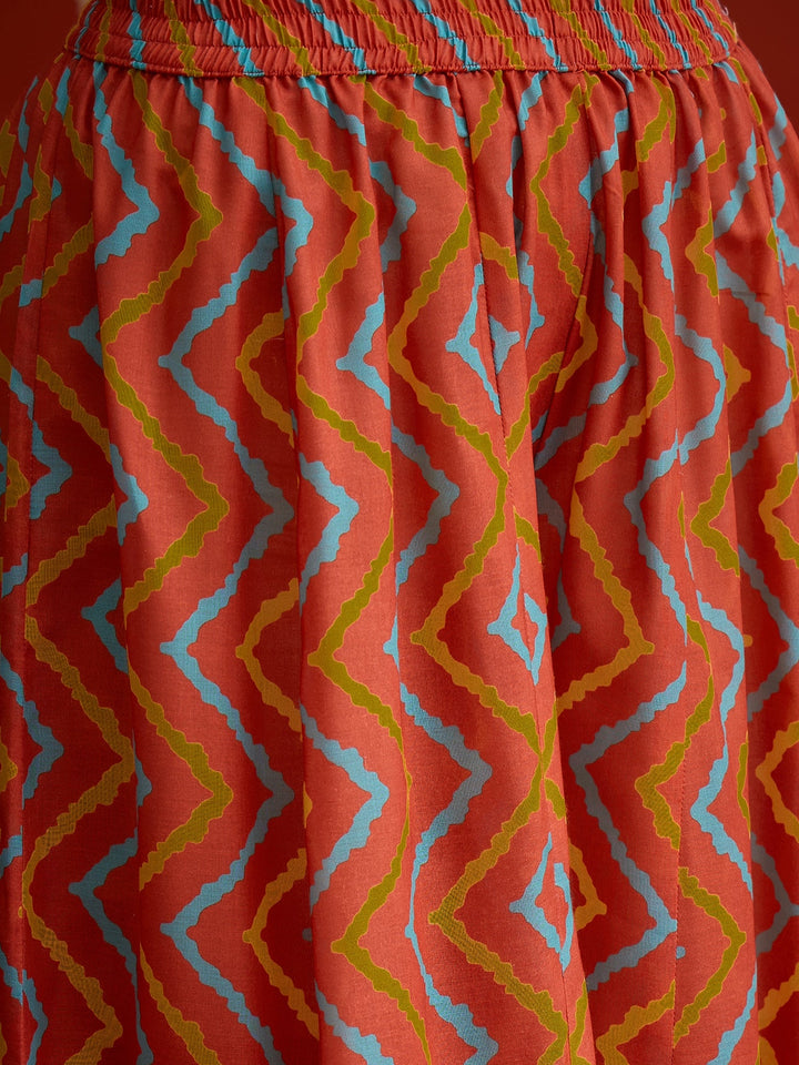 Orange Chevron Printed Rayon Sleeveless Straight Short Kurti Palazzo Dupatta Set