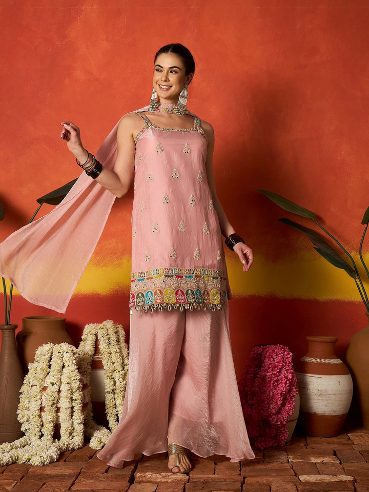 Pink Solid &amp; Embroidered Organza Straight Kurti Palazzo With Dupatta